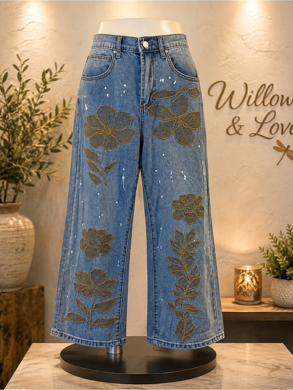 Oli & Hali Blue Wide-Leg Jeans with Gold Floral Embroidery NWOT